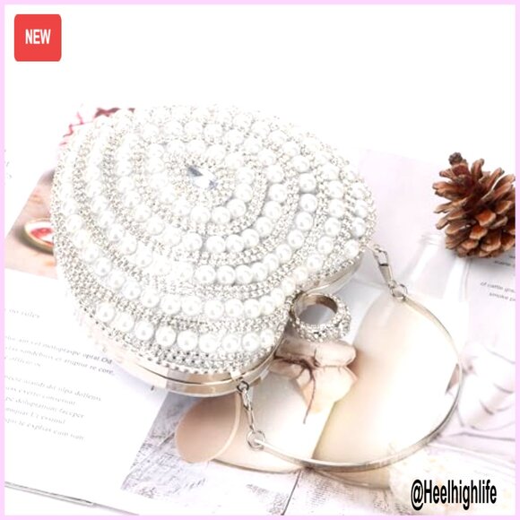 Heart Shape Evening Clutch with Pearl Rhinestone Detachable Chain Strap
